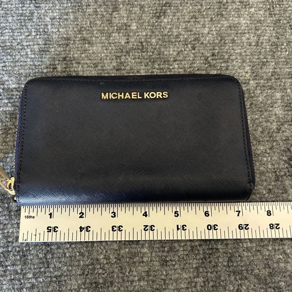 Michael Kors Jet Set Zip Around Wallet Navy Blue Saffiano Leather Gold Hardware